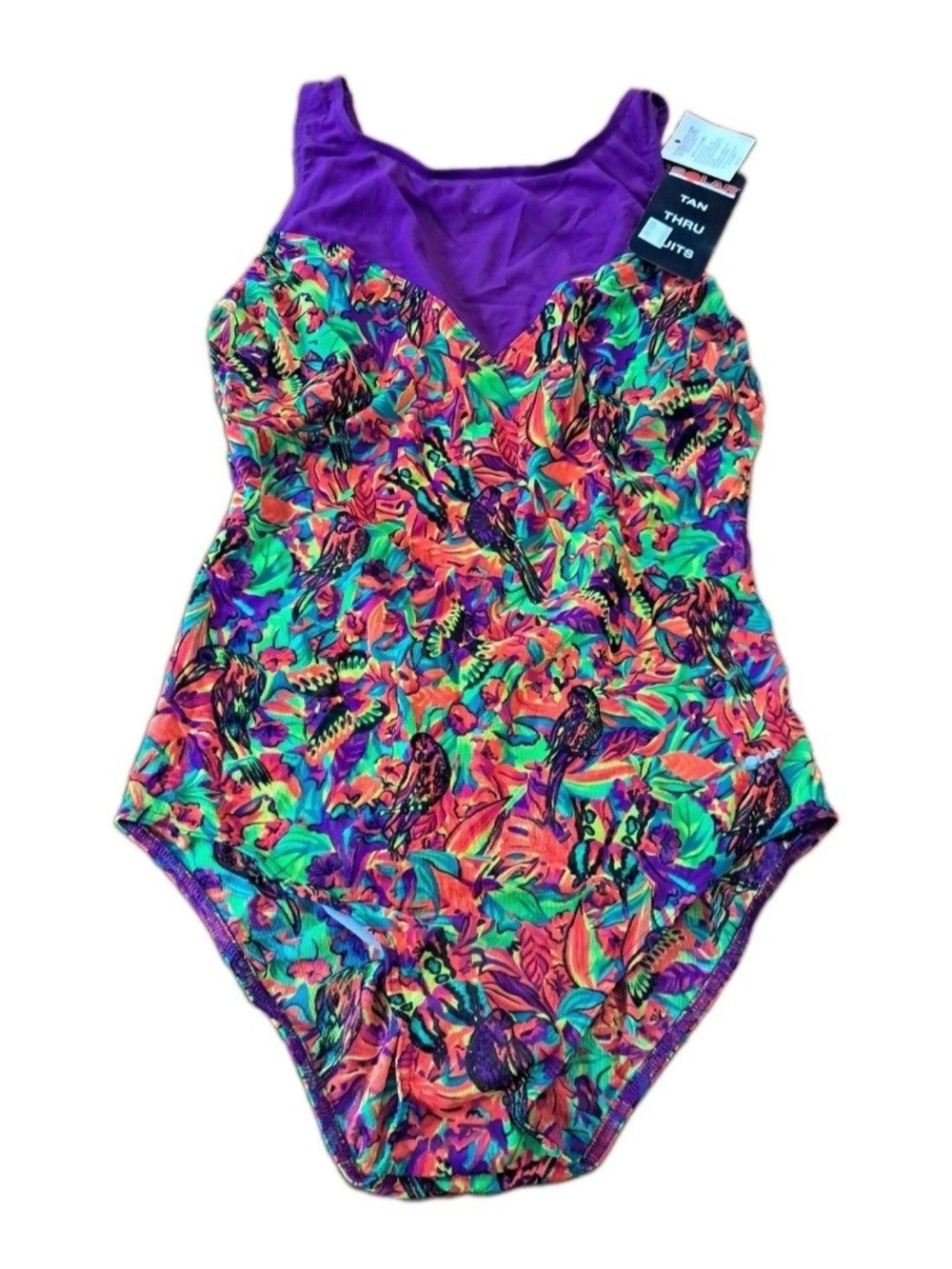 NWT Vintage Solar Tan Thru Swimsuit Tropical Parrots One Piece Mesh Size 13/14